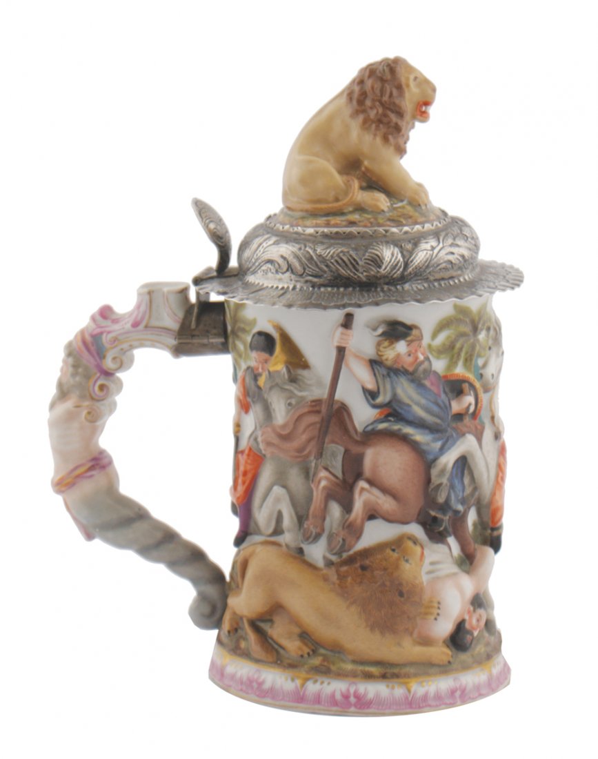Capodimonte silver mounted and parcel gilt tankard: Capodimonte silver mounted and parcel gilt tankard with gilt interior
