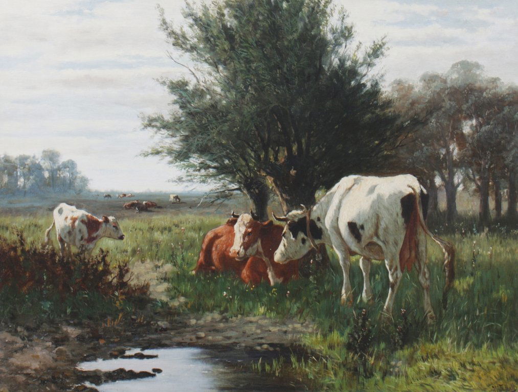 William Frederick Hulk, fl. 1875-1906: William Frederick Hulk, fl. 1875-1906 River landscape with cattle, Signed oil on canvas 68 x 90 cm.