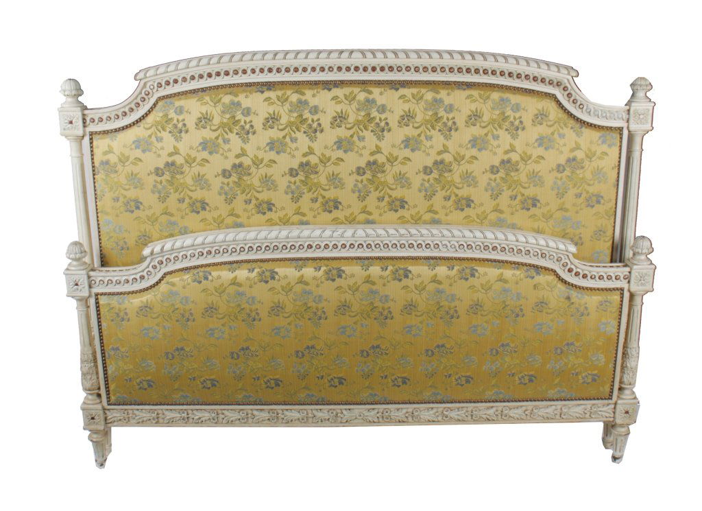 Large Antique Louis XVI painted, parcel gilt framed and: Large Antique Louis XVI painted, parcel gilt framed and damask upholstered bed 150 cm. wide