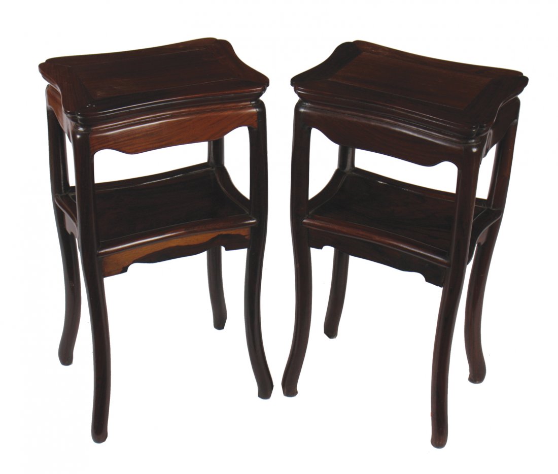 Pair nineteenth-century Chinese hardwood two tier: Pair nineteenth-century Chinese hardwood two tier tables Each 30 cm. wide