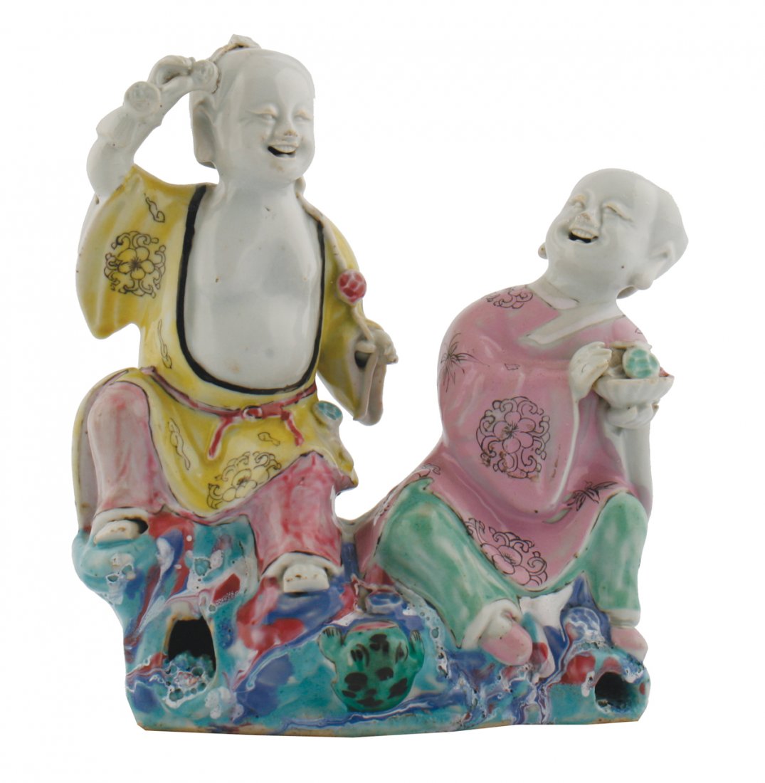 Eighteenth-century Chinese famille rose group: Eighteenth-century Chinese famille rose group of Harmony and Mirth 20 cm. high