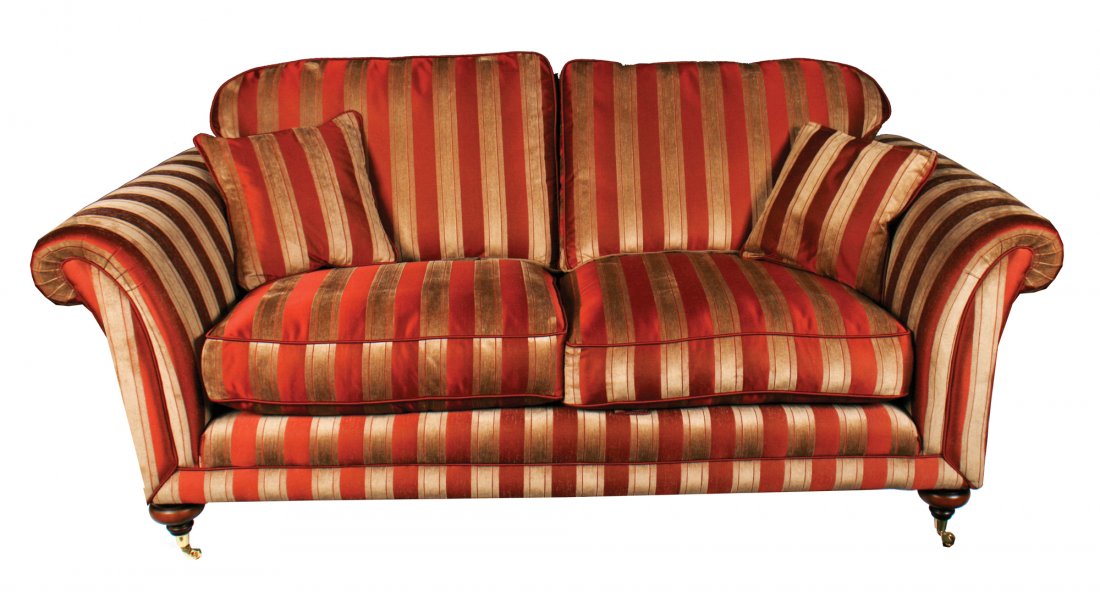 Two striped upholstered settees: Two striped upholstered settees 3 seater and 2 seater, each with loose cushions