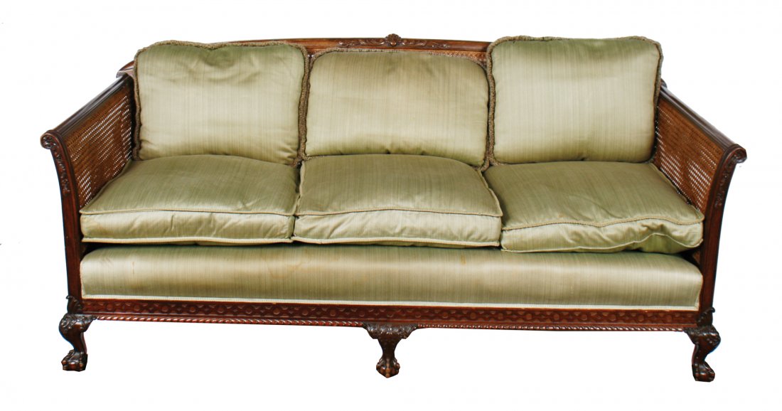 Three piece Edwardian period chippendale-style bergere: Three piece Edwardian period chippendale-style bergere suite with loose feather and down cushions