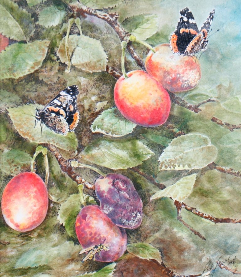 Rick Lewis, A.R.A.: Rick Lewis, A.R.A. Still life of fruit and butterflies, Oil on board 32 x 27 cm.