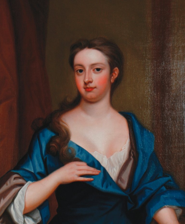 Charles Jervas, 1675 - 1739: Charles Jervas, 1675 - 1739 Portrait of Dorothy Walpole, 1686-1739, Wife of Charles 2nd Viscount Townsend, Half length, wearing a blue satin gown, Oil on canvas, In a carved gilt-wood frame, Inscribed