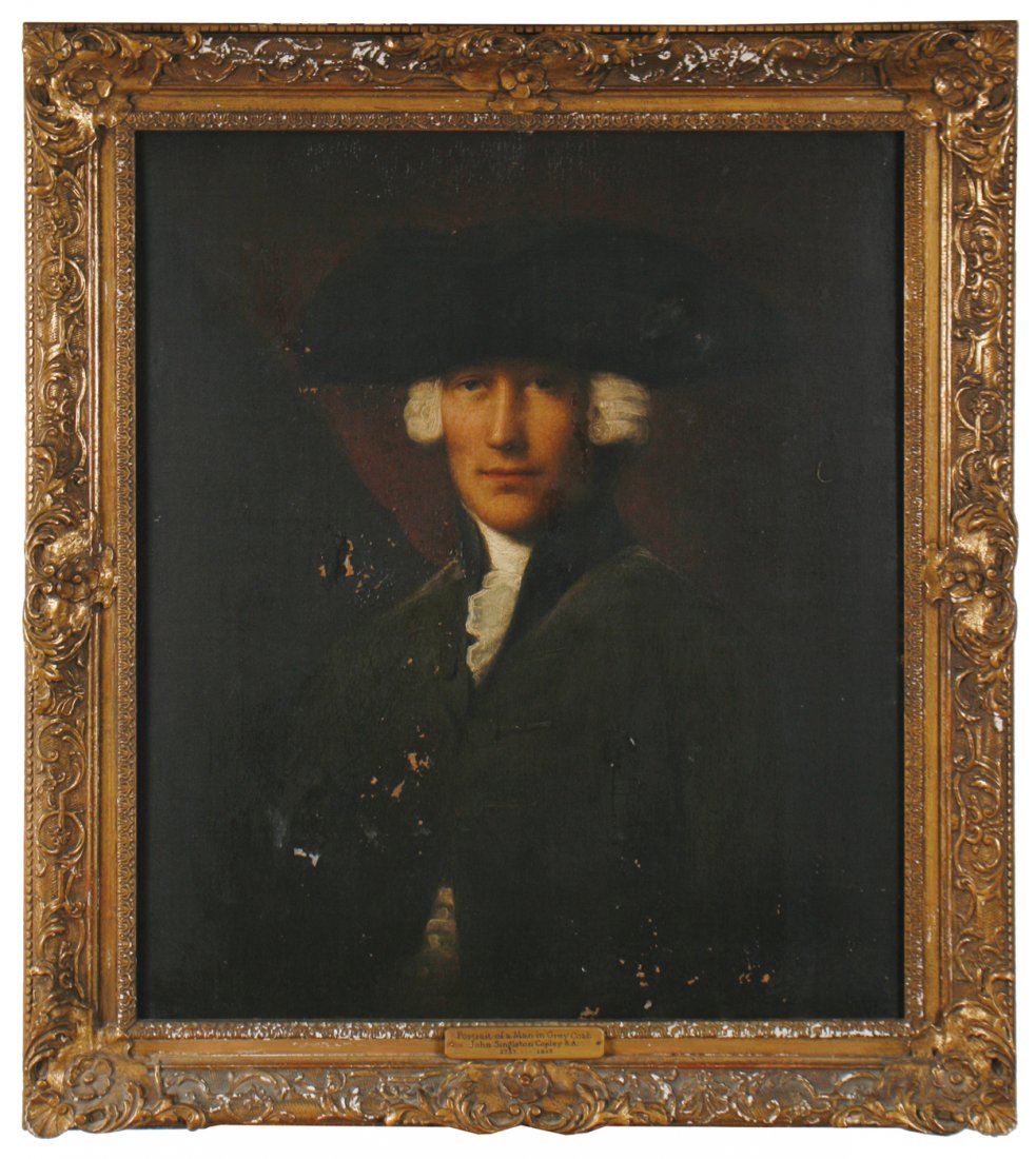 Attributed to John Singleton Copley, R.A., 1738 - 1815: Attributed to John Singleton Copley, R.A., 1738 - 1815 Portrait of a gentleman half length; wearing a green coat, white lace stock and tricorn hat, Oil on canvas, Copley, one of the foremost portrait