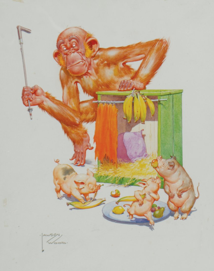 Lawson Wood: Lawson Wood Monkey with a group of pigs, Signed watercolour 42 x 32 cm.