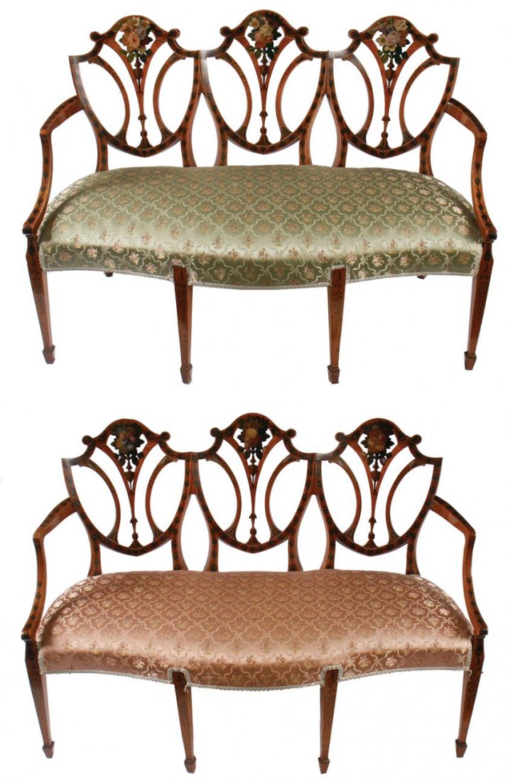 Pair of late nineteenth-century Hepplewhite satinwood: Pair of late nineteenth-century Hepplewhite satinwood and painted triple shield back settees 130 cm. wide