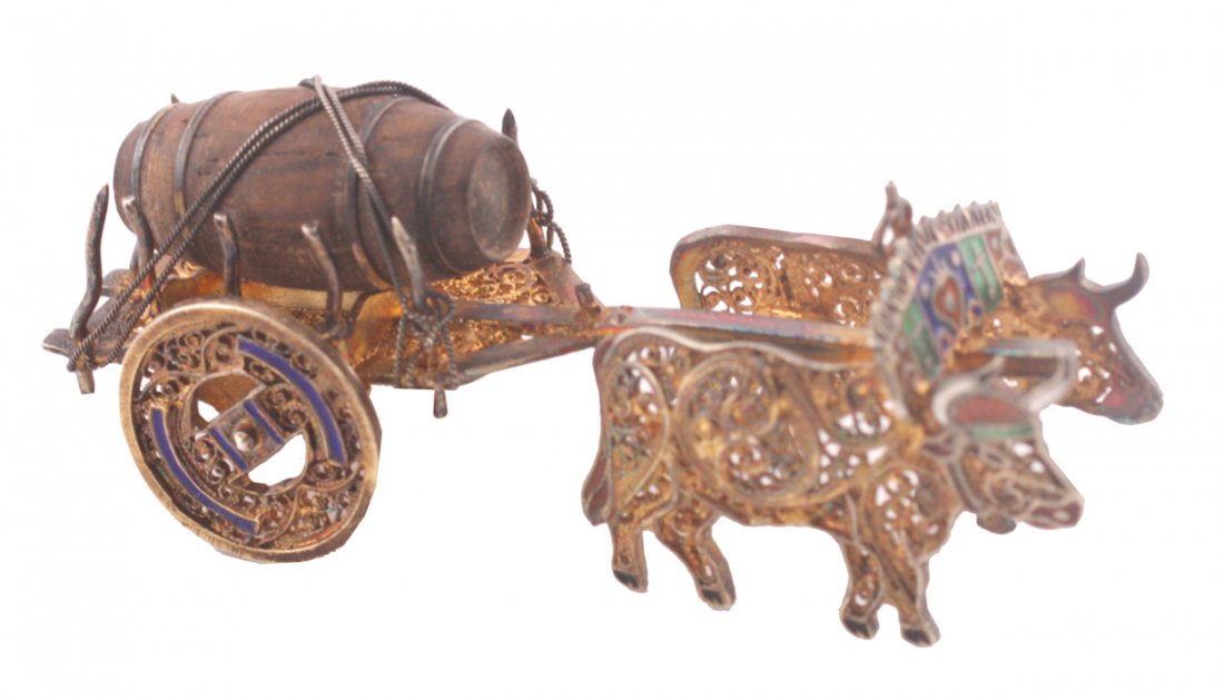 Nineteenth-century miniature silver gilt ox drawn cart: Nineteenth-century miniature silver gilt ox drawn cart 5 cm. wide
