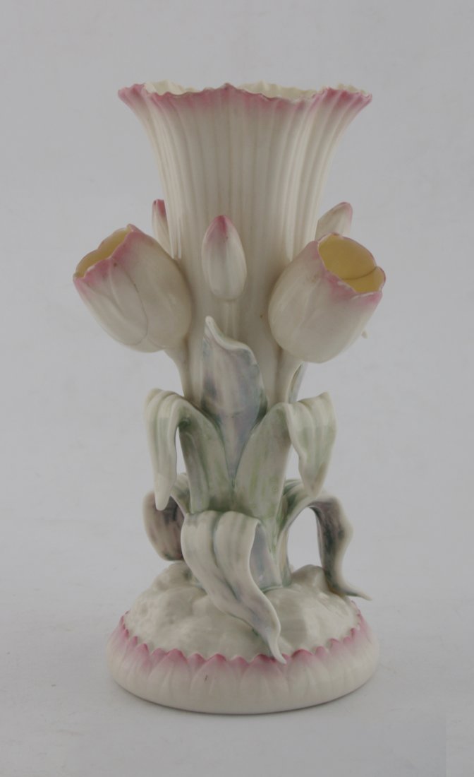 Belleek tulip vase: Belleek tulip vase 2nd period, (damaged) 23 cm. high