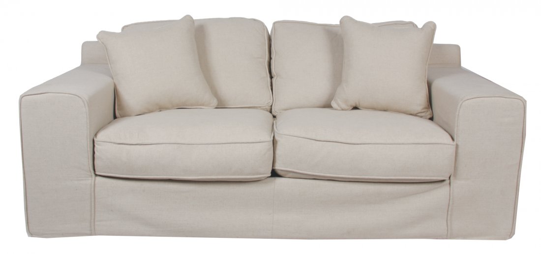 Pair of upholstered settees: Pair of upholstered settees with loose cushions 180 cm. wide