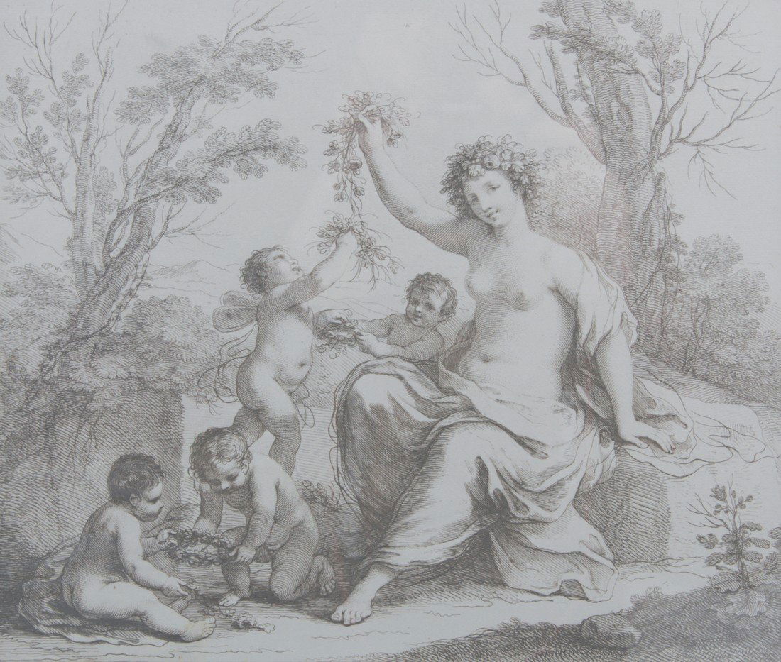 Eighteenth-century period Francesco Bartolozzi: Eighteenth-century period Francesco Bartolozzi engraving "Nymph and cherubs, Published 1765, Framed" 26 x 30 cm.