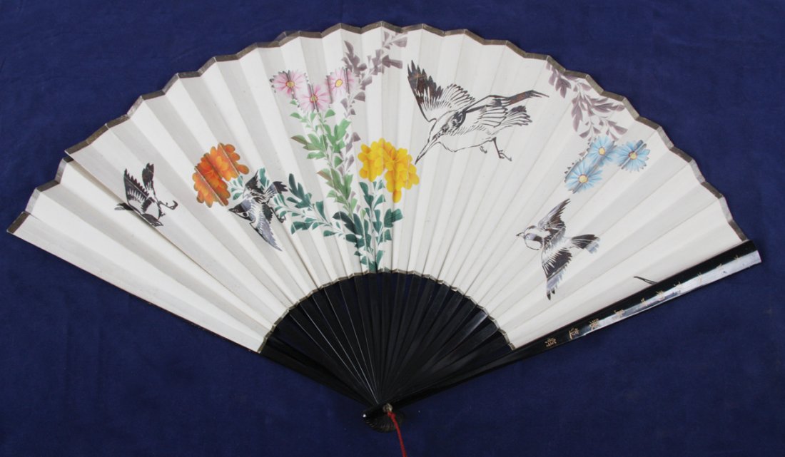 Mitz Ogi, circa 1880: Mitz Ogi, circa 1880 with black lacquered sticks and guards, painted with Japanese characters. Paper leaf painted with birds and flower sprays. 39 cm. long
