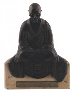 Chinese Qing period bronze Buddha: Chinese Qing period bronze Buddha seated on a marble seat. The plinth inscribed Drazreb Reffohzetth 44 cm high