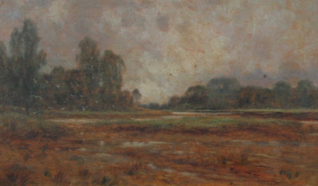 Ernest Gambier-Parry, OBE., (1853-1936): Ernest Gambier-Parry, OBE., (1853-1936) "Suffolk Salt Marshes, Oil on panel, Signed, dated and inscribed on reverse: Sufflolk Salt ,Marsh. E. Gambier Parry 1904, also signed on the front, lower left,