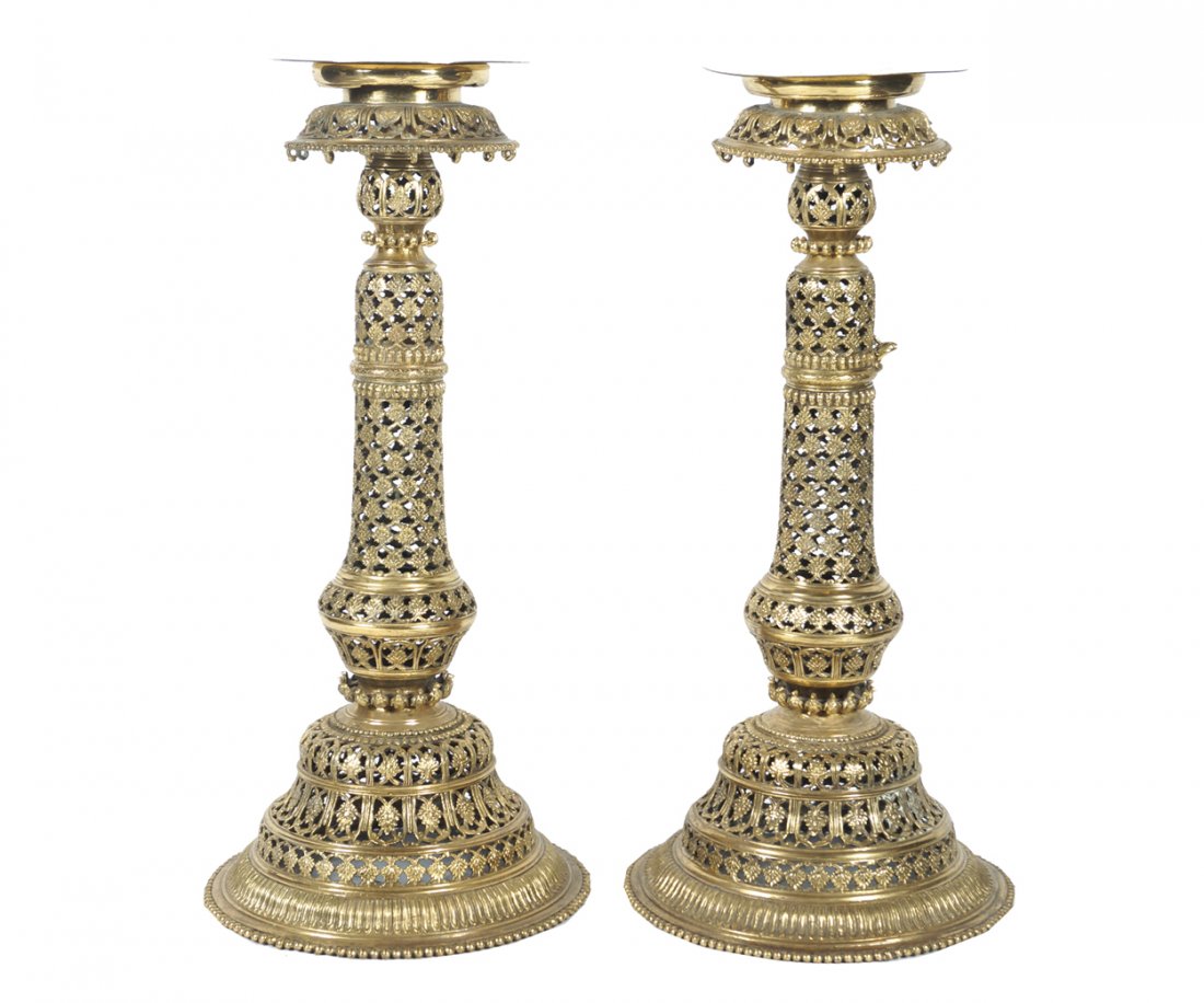 Pair of ornate pierced brass stands: Worldwide shipping available: shipping@sheppards.ie 84 cm. high