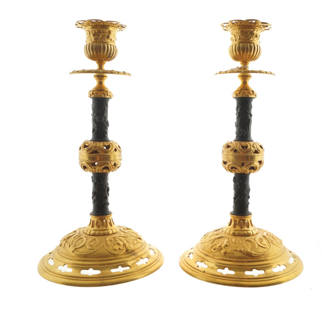 Pair of nineteenth-century ormolu and bronze: with raised leaf decoration Worldwide shipping available: shipping@sheppards.ie 24 cm. high
