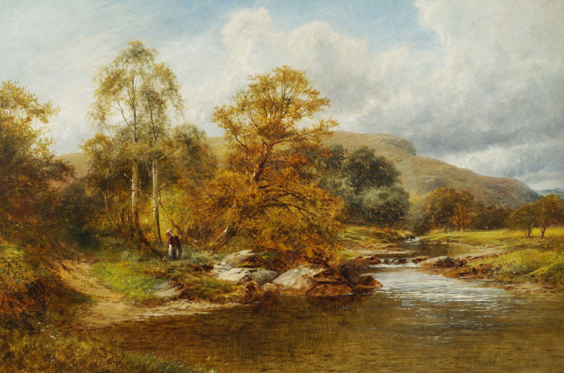 David Bates, 1868-1911: River landscape, Oil on canvas Dimensions: 50 x 76 cm.