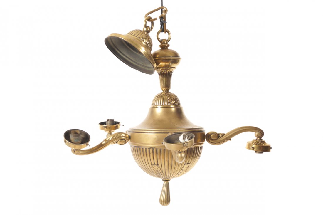 Edwardian four branch brass chandelier: Worldwide shipping available: shipping@sheppards.ie 47 cm. high; 57 cm. diameter