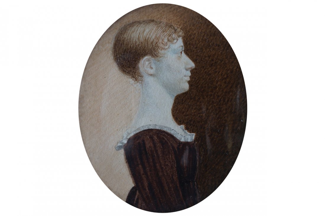 WILLIAM FALVELLE: WILLIAM FALVELLE Miniature portrait of a young girl Watercolour, enclosed in a giltwood and ebony frame, trade label Verso: William Falvelle miniature painter 14 Capel Street, Dublin Direct all shippi