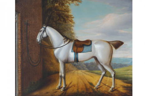 ATTRIBUTED TO DANIEL CLOWES: ATTRIBUTED TO DANIEL CLOWES A portrait of the grey mare “Trafalgar” Oil on panel Direct all shipping enquiries to shipping@sheppards.ie 49 x 60 cm.