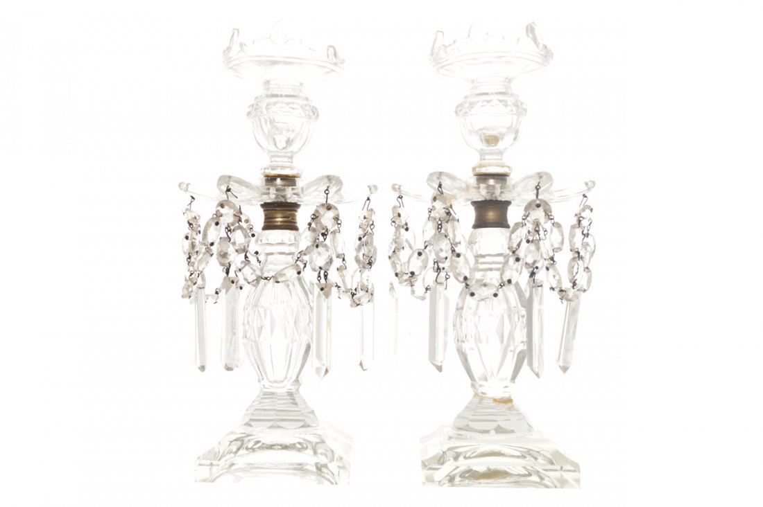 PAIR OF EARLY CUT GLASS CANDLE EPERGNES: PAIR OF EARLY CUT GLASS CANDLE EPERGNES with lustres Direct all shipping enquiries to shipping@sheppards.ie Each 32 cm. high