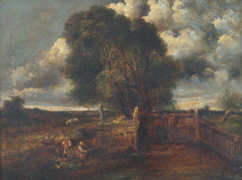 Follower of John Constable, 1775-1837: Follower of John Constable, 1775-1837 Flatford Lock with children fishing in the foreground, Dedham Church in the distance Oil on canvas (un-lined) Worldwide shipping available: shipping@sheppards.ie