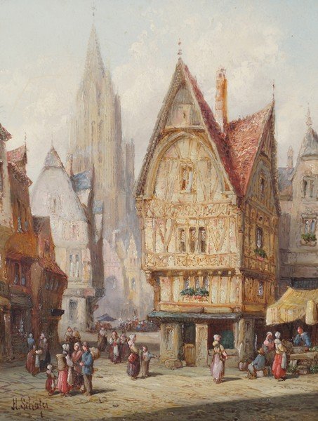 Henry Thomas Schafer, 1854-1915: Henry Thomas Schafer, 1854-1915 Pair of medieval street scenes, Antwerp and Chartres Oil on canvas (un-lined) Both signed and inscribed on the reverse Provenance: MacConnal-Mason & Son, Ltd, 14 Duke S