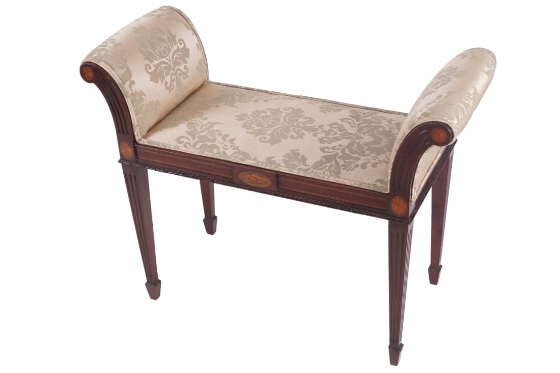 Edwardian upholstered window seat: Edwardian upholstered window seat with scroll ends, above a paterae and shell motif inlaid apron, raised on square tapered legs, terminating on spade feet Worldwide shipping available. All queries mus