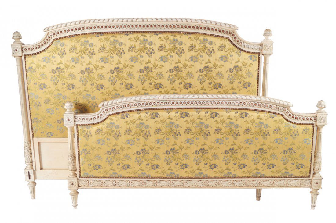 Large carved wood painted and upholstered bed (1 of 2)