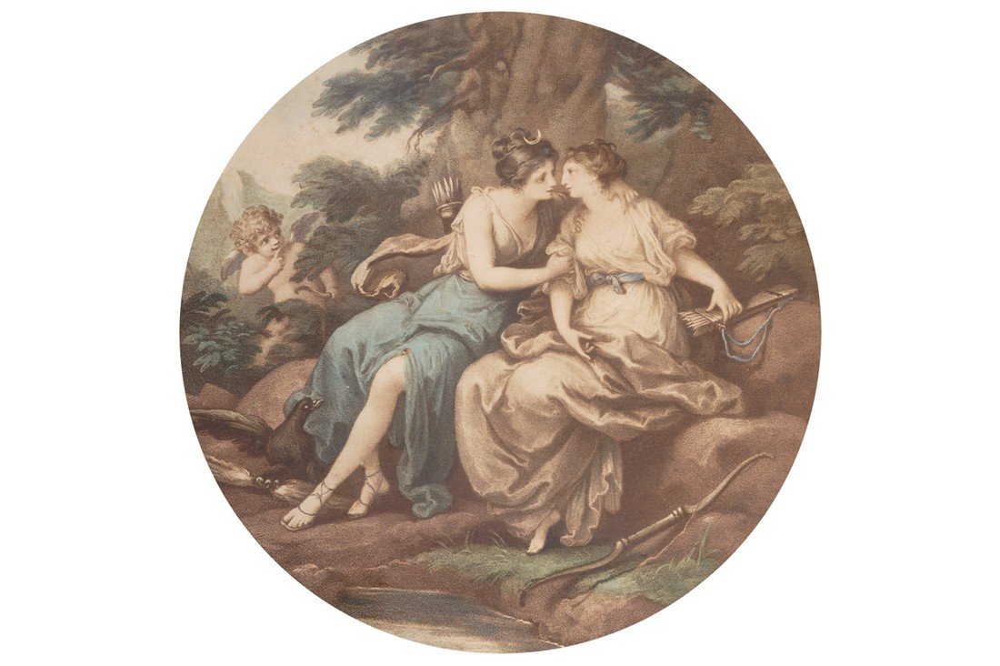 After Angelica Kauffman: After Angelica Kauffman Stipple engraving by Francesco Bartolozzi, Jupiter and Calisto, enclosed in a gilt frame Worldwide shipping available. All queries must be directed to shipping@sheppards.ie pri