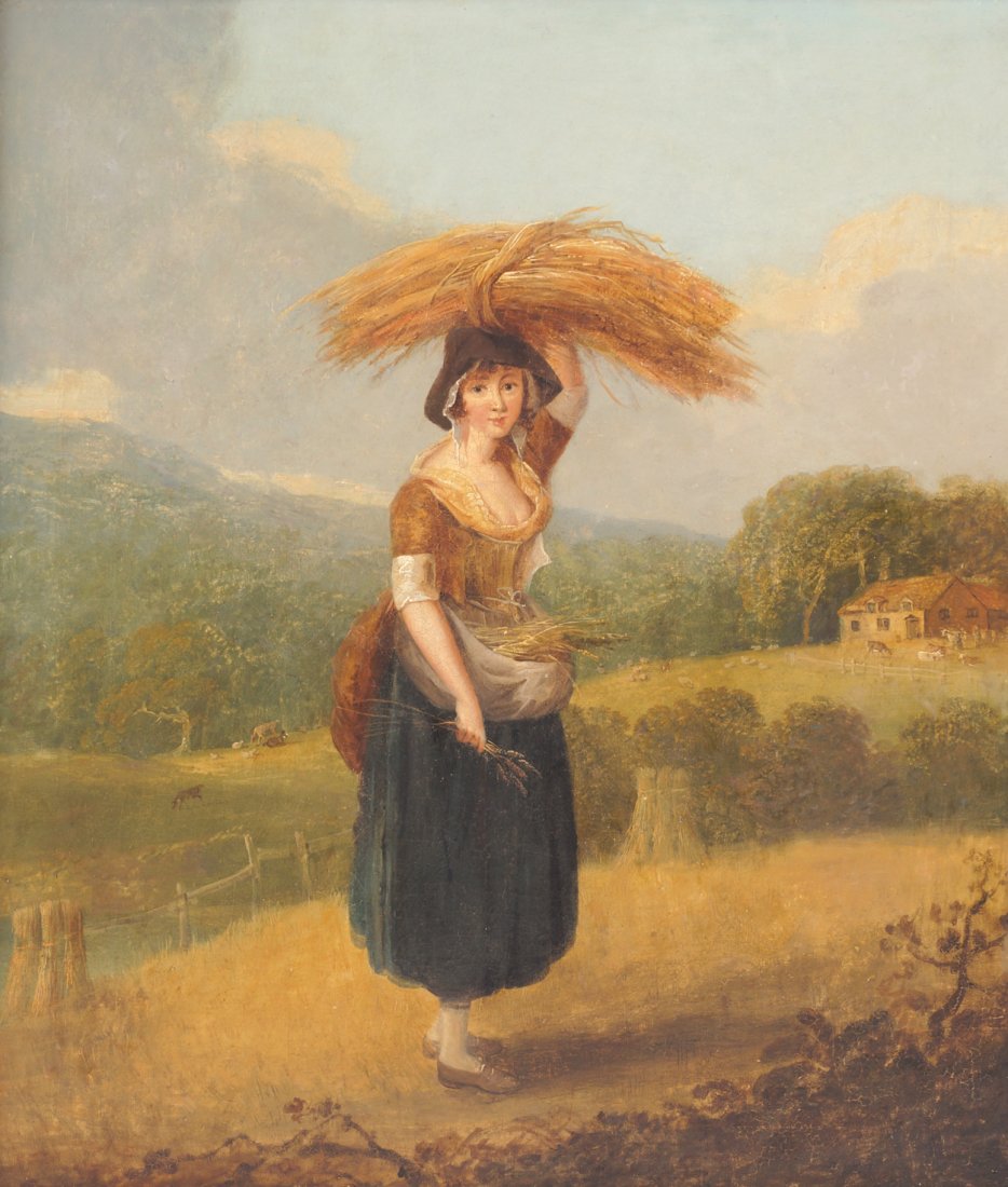 Francis Wheatley, RA (English, 1747-1801): The Gleaner A young girl in a cornfield, a farm in the distance Oil on canvas Worldwide shipping available. All queries must be made to shipping@sheppards.ie prior to 29 February 2016.