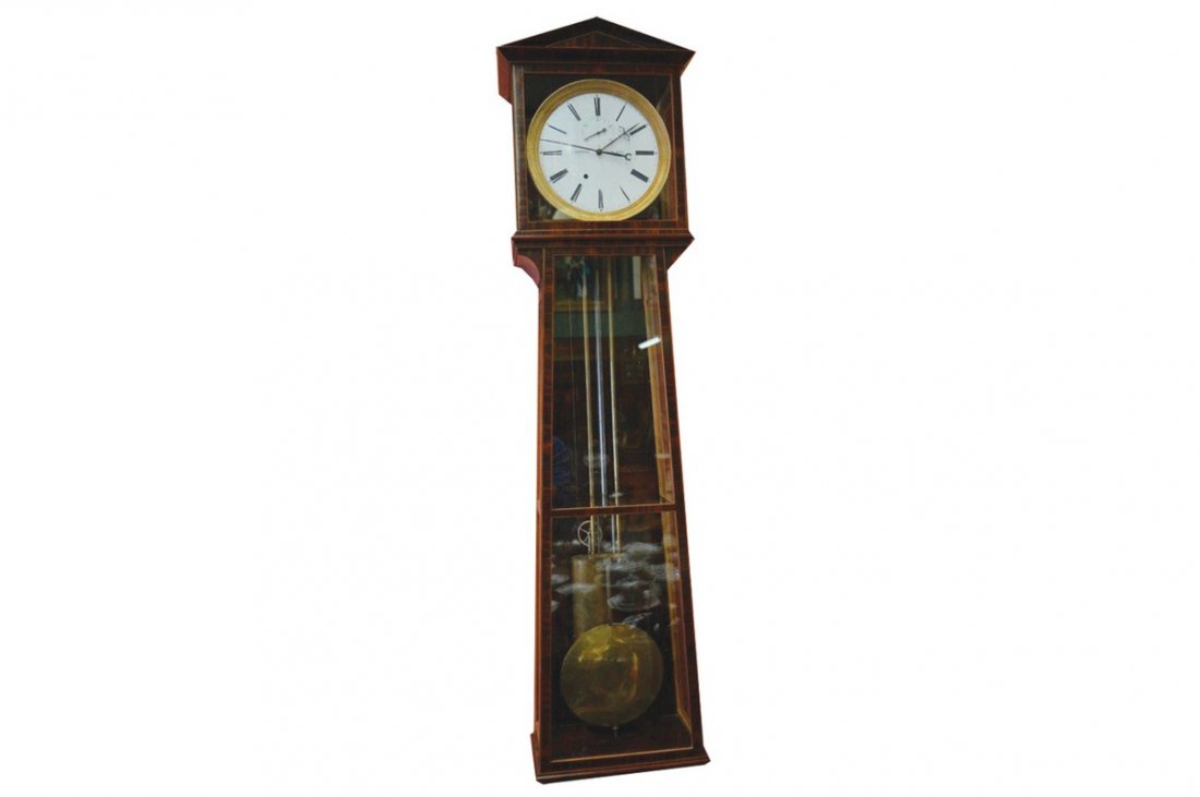 LARGE VIENNA ONE YEAR MOVEMENT REGULATOR WALL CLOCK: LARGE VIENNA ONE YEAR MOVEMENT REGULATOR WALL CLOCK with brass weights and pendulum 152 cm. high; 34 cm. wide; 18 cm. deep Worldwide shipping available. Contact shipping@sheppards.ie for quotes prior