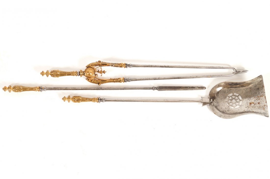SET OF EARLY NINETEENTH-CENTURY GOTHIC BRONZE AND: SET OF EARLY NINETEENTH-CENTURY GOTHIC BRONZE AND POLISHED STEEL FIRE ARMS each with leaf decorated turned handles 70 cm. long and smaller Worldwide shipping available. Contact shipping@sheppards.ie f