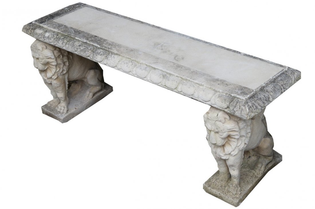 PAIR OF CAST-STONE LION SUPPORTED GARDEN BENCHES (1 of 1)