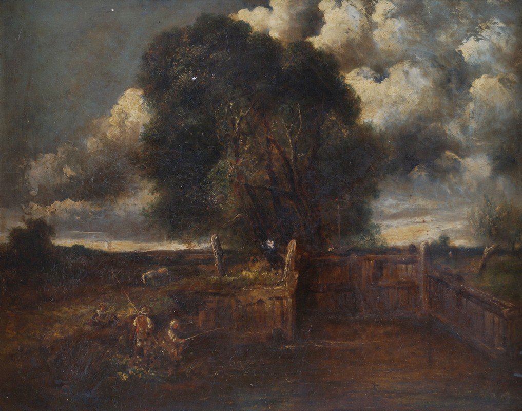 FOLLOWER OF JOHN CONSTABLE, RA (ENGLISH, 1776-1837): FOLLOWER OF JOHN CONSTABLE, RA (ENGLISH, 1776-1837) Children fishing at a loch Oil on canvas (unlined) Dimensions: 20 x 24 inches; 51 x 61 cm.