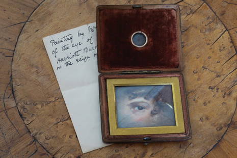 MRS MEE: MRS MEE Cased miniature depicting the eye of Harriot Baroness Bloomfield in the reign of George IV Dimensions: 4 x 5 cm.