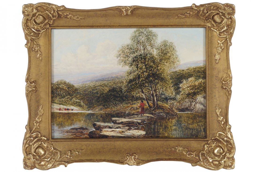 JOHN TAYLOR, CIRCA 1900: JOHN TAYLOR, CIRCA 1900 Stepping stones Oil on canvas Signed Dimensions:26 x 36 cm.