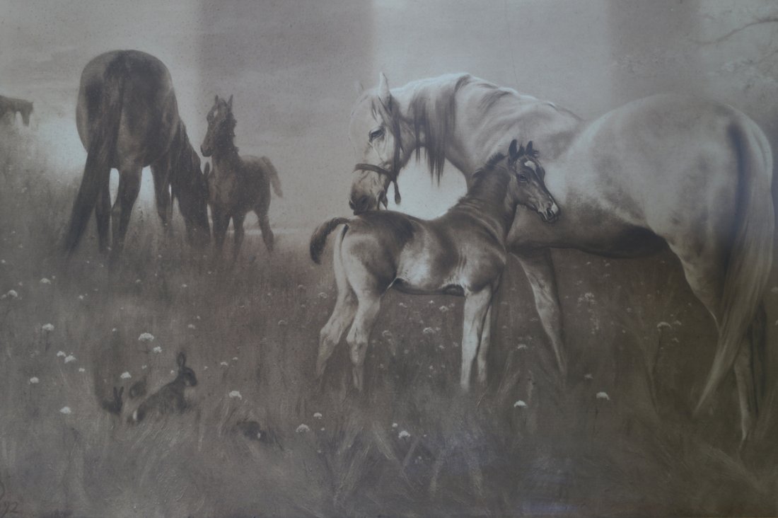 VICTORIAN PRINT OF HORSES IN A FIELD (1 of 1)