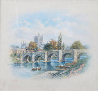 GEORGE FALL (BRITISH, 1848-1925): A view of Hereford Cathedral from the river Watercolour Signed George Fall (1848-1925) was a painter of landscapes, portraits and topographical views. He worked in oils and watercolours. He is best kn