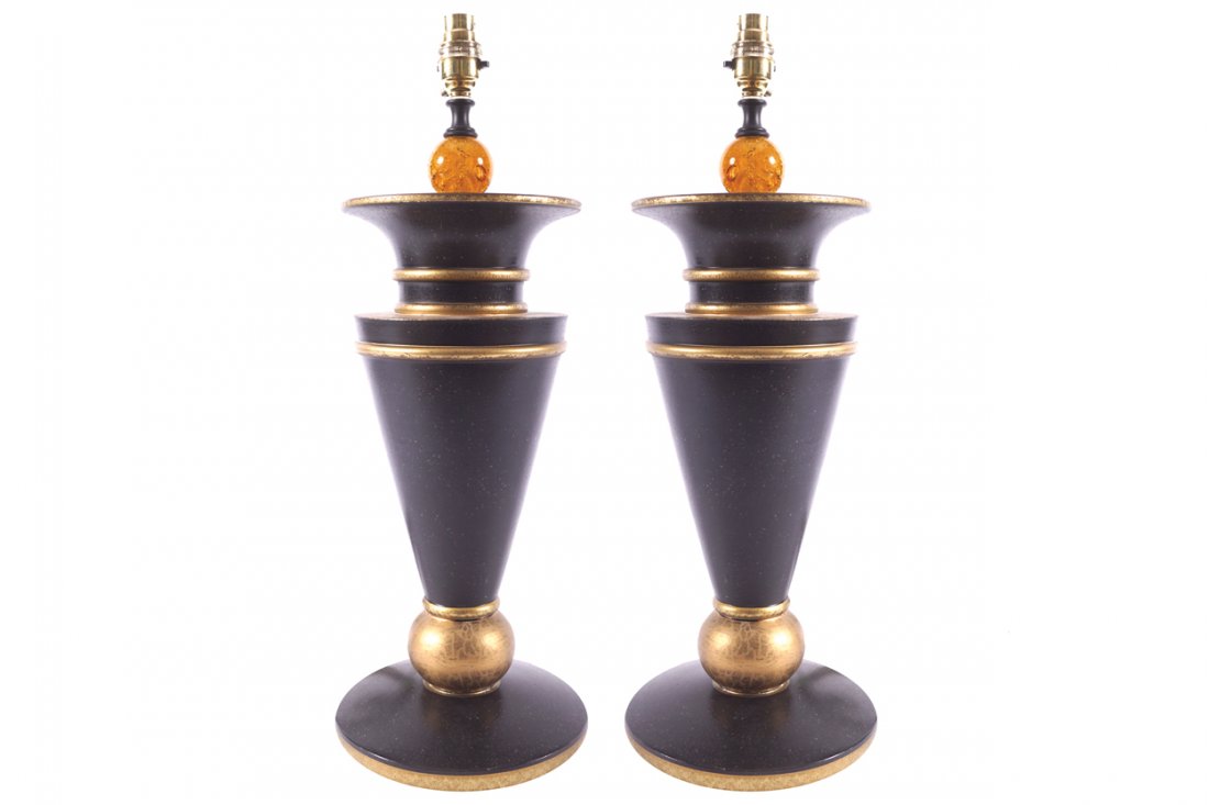 PAIR OF DESIGNER EBONY AND PARCEL GILT TABLE LAMPS AND (1 of 1)