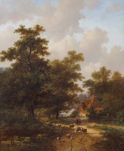 HENDRIK PIETER KOEKKOEK (DUTCH, 1843-1927): Landscape with figures and animals Oil on canvas Signed Hendrik Pieter Koekkoek (1843-1927) was the son and pupil of the Dutch romantic landscape painter, Marinus Adrianus Koekkoek (1807-1868). He spe