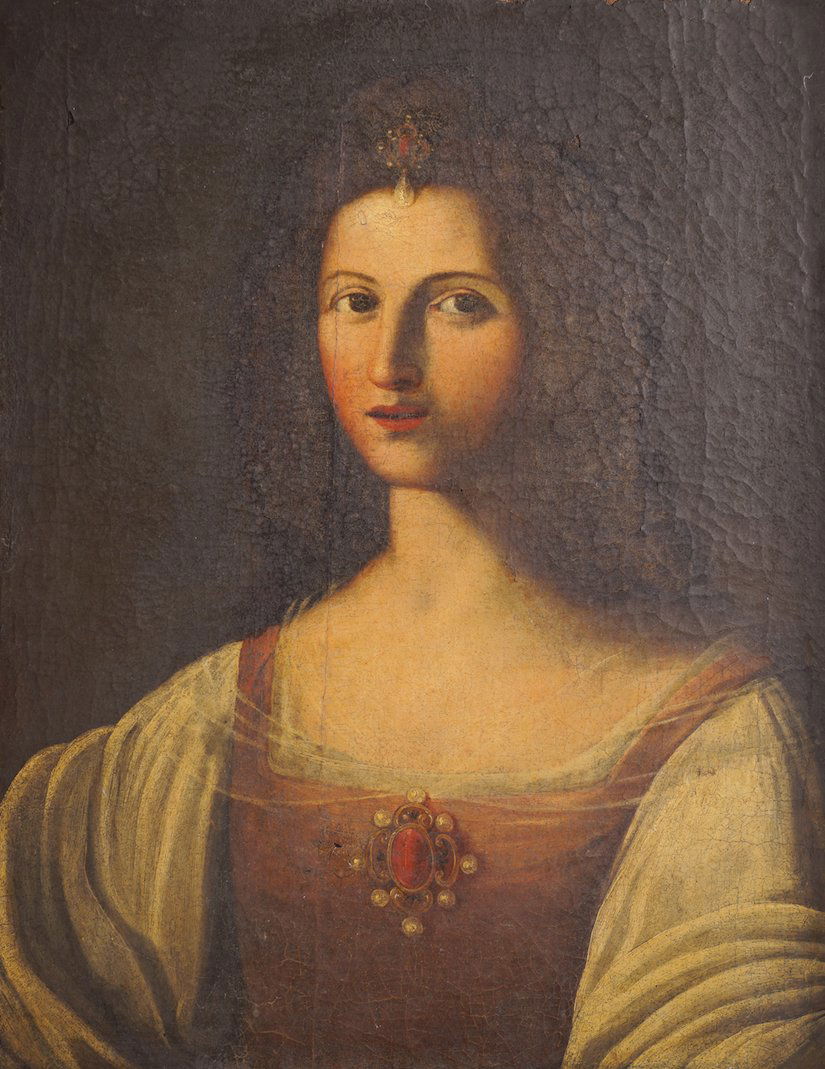 FOLLOWER OF LORENZO LOTTO (ITALIAN, 1480-1557): Portrait of a young noblewoman wearing a cream dress, pink bodice, and ruby and pearl jewellery Oil on canvas Dublin storage label verso, circa 1920s Inscribed on reverse in ink â€˜Fa - lottoâ€