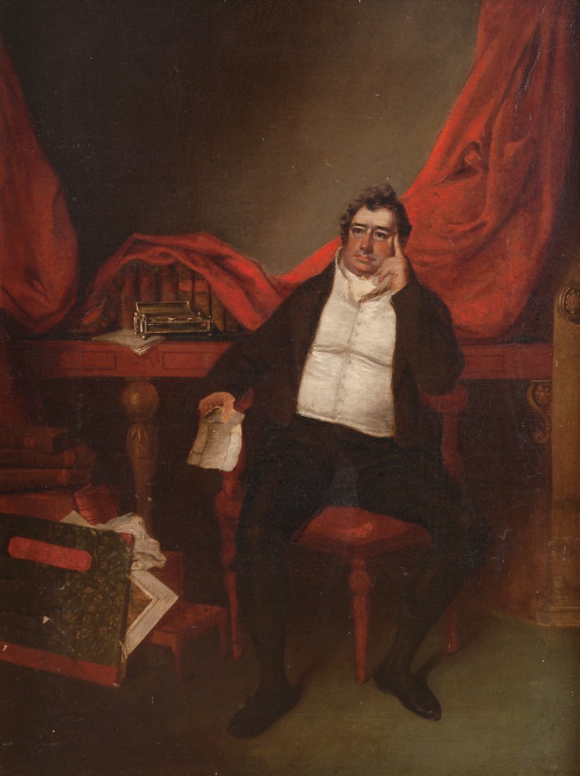 JOHN RAPHAEL SMITH (ENGLISH, 1751-1812): Portrait of Walter Fawkes sitting in his study at Farnley Hall, Yorkshire Oil on canvas John Raphael Smith (1751-1812) was a portrait and genre painter, working with oil paint and pastel. He also enjo
