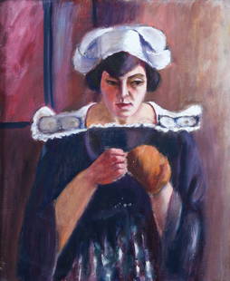 RODERIC O'CONOR (IRISH, 1860-1940): Bretonne a la couture Oil on canvas (unlined) With Atelier stamp verso25¾ x 21½ inches (65 x 54 cm.)
