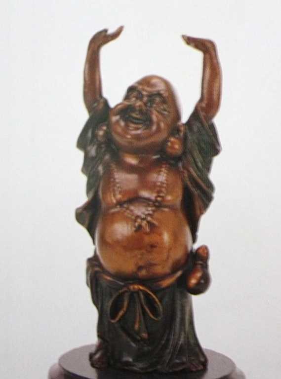 "Buda" Bronze Sculpture by Wang: "Buda" Bronze Sculpture by Wang - Beautiful Color Patina Finish - Mounted on Fine Italian Marble Base - Signed - Mint Condition - 11"H x 6"W - Lost Wax Cast