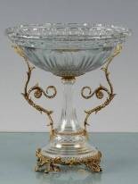 ORNATE CRYSTAL BOWL WITH BRASS ACCENTS: ITALIAN CRYSTAL - HAND CUT - BRASS SWIRL HANDLES - BRASS INSERTS AND BASE - 12.5LX12.5WX14H