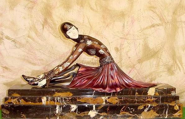 CHIPARUS - "TANARA" -BRONZE AND IVORY SCULPTURE: CHIPARUS - "TANARA" - BRONZE AND IVORY SCULPTURE - MUTLI - COLOR FINISH - HAND CARVED IVORY AND BRONZE - MOUNTED ON MARBLE AND ONYX BASE - FOUNDRY SEAL - SIGNED - MINT - 15"X24"