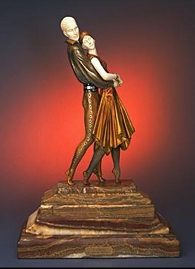 CHIPARUS - "TANGO" -BRONZE AND IVORY SCULPTURE: CHIPARUS - "TANGO" - BRONZE AND IVORY SCULPTURE - MUTLI - COLOR FINISH - HAND CARVED IVORY AND BRONZE - MOUNTED ON MARBLE AND ONYX BASE - FOUNDRY SEAL - SIGNED - MINT - 24.5"X6.5"