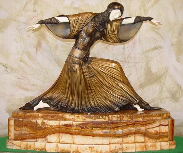 CHIPARUS - "THAIS" -BRONZE AND IVORY SCULPTURE: CHIPARUS - "THAIS" - BRONZE AND IVORY SCULPTURE - MUTLI - COLOR FINISH - HAND CARVED IVORY AND BRONZE - MOUNTED ON MARBLE AND ONYX BASE - FOUNDRY SEAL - SIGNED - approx. 21.5"x23"